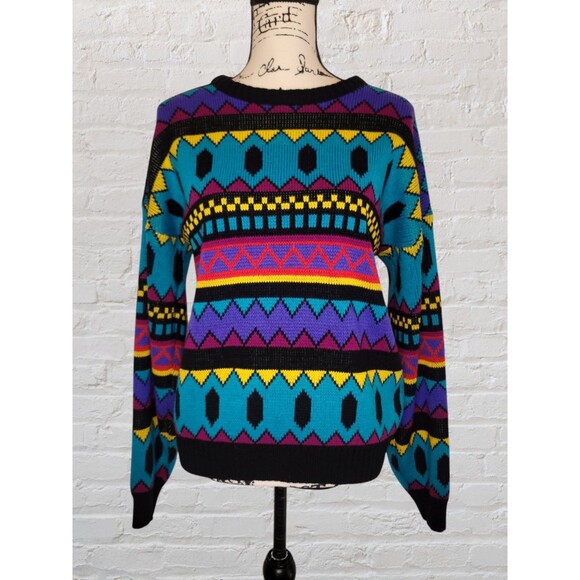 Vtg Chauvin Geometric Knit Sweater Womens MED Turquoise Retro 80s Jumper Hippie - Picture 1 of 4